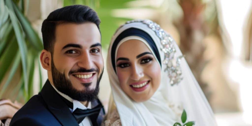 A happy Muslim couple celebrating their wedding, showcasing the ease of finding a compatible partner through Jodi Mubarak. Perfect for those seeking Muslim matrimonial services.