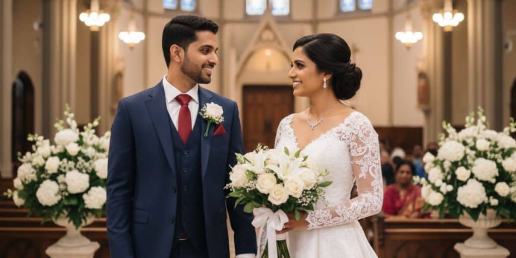 Happy Christian bride and groom exchanging vows during wedding ceremony in India, showcasing traditional attire and joyful expressions.