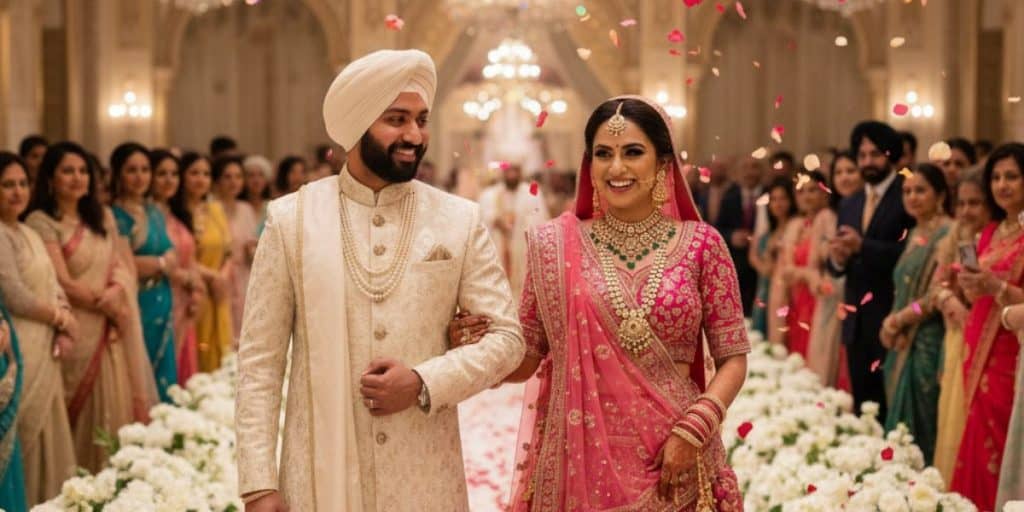 Elegant Sikh couple during wedding ceremony at Jodi Mubarak online matrimonial event.