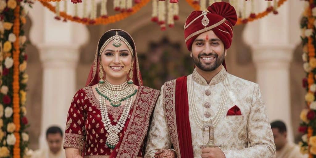 A joyful Hindu couple dressed in traditional wedding attire during a modern ceremony, blending cultural heritage with contemporary celebration at Jodi Mubarak.