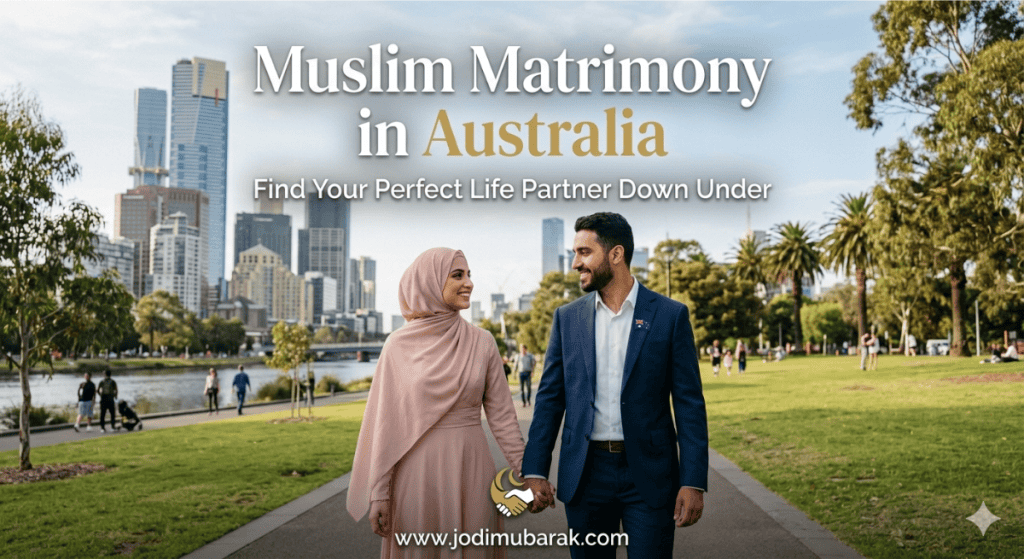 Happy Muslim couple in Australia, celebrating their wedding outdoors in a park with city skyline in the background. Perfect for Muslim matrimonial services in Australia.